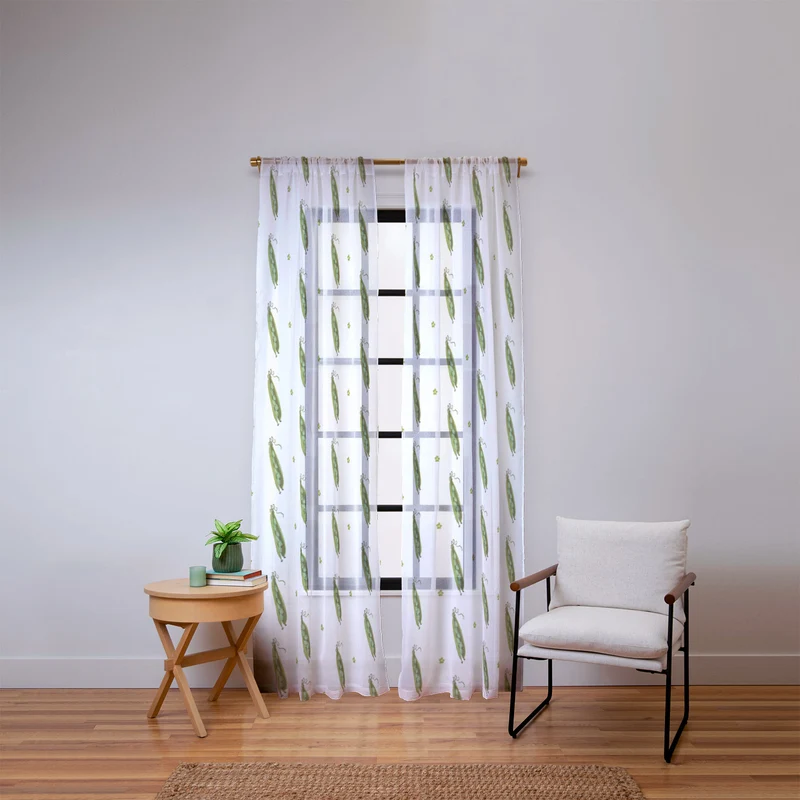 and Drawn Pea Pods and Tiny Flowers Window Curtain