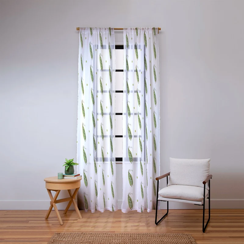 and Drawn Pea Pods and Tiny Flowers Window Curtain