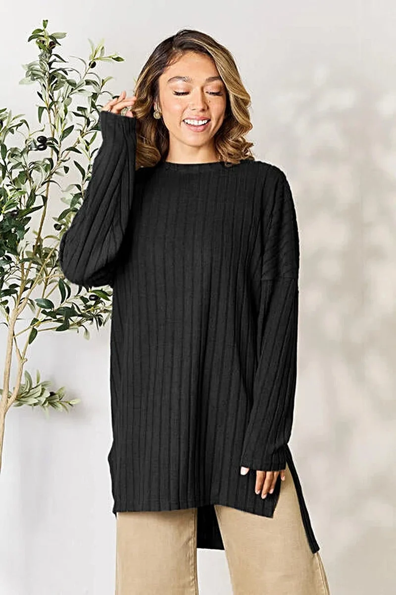 Chique top met lange mouwen en split, geribbeld - Basic Bae, verkrijgbaar in alle maten, ronde hals voor een moeiteloze stijl.