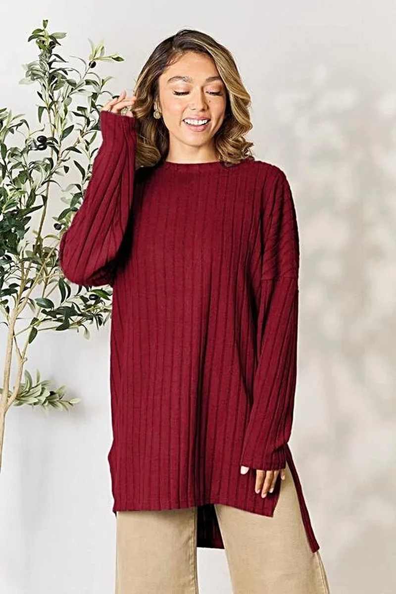 Chique top met lange mouwen en split, geribbeld - Basic Bae, verkrijgbaar in alle maten, ronde hals voor een moeiteloze stijl.