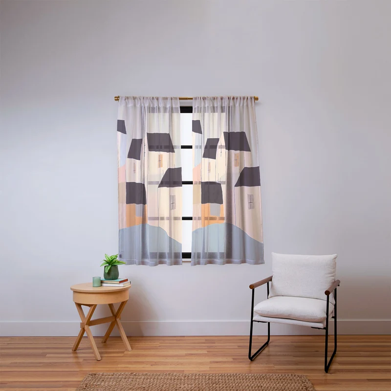 Folk Village Houses Window Curtain