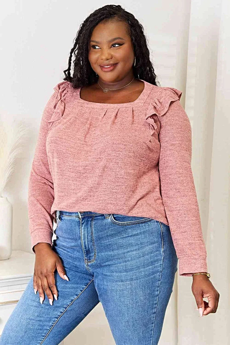 Elegante top met ruches op de schouders - T-shirt met vierkante hals en lange mouwen, ook verkrijgbaar in grote maten.