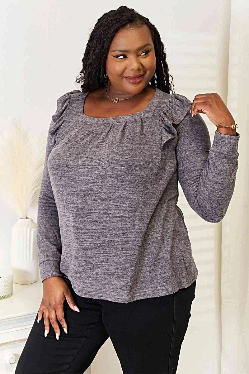 Elegante top met ruches op de schouders - T-shirt met vierkante hals en lange mouwen, ook verkrijgbaar in grote maten.