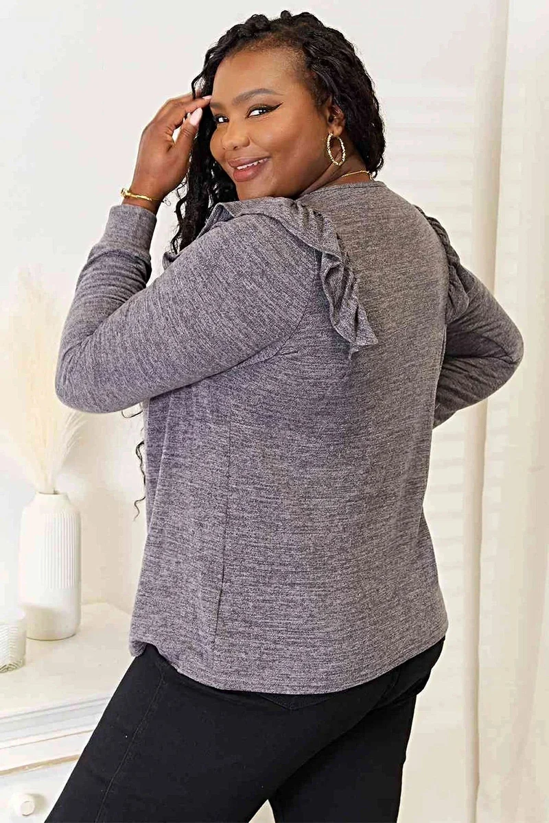 Elegante top met ruches op de schouders - T-shirt met vierkante hals en lange mouwen, ook verkrijgbaar in grote maten.