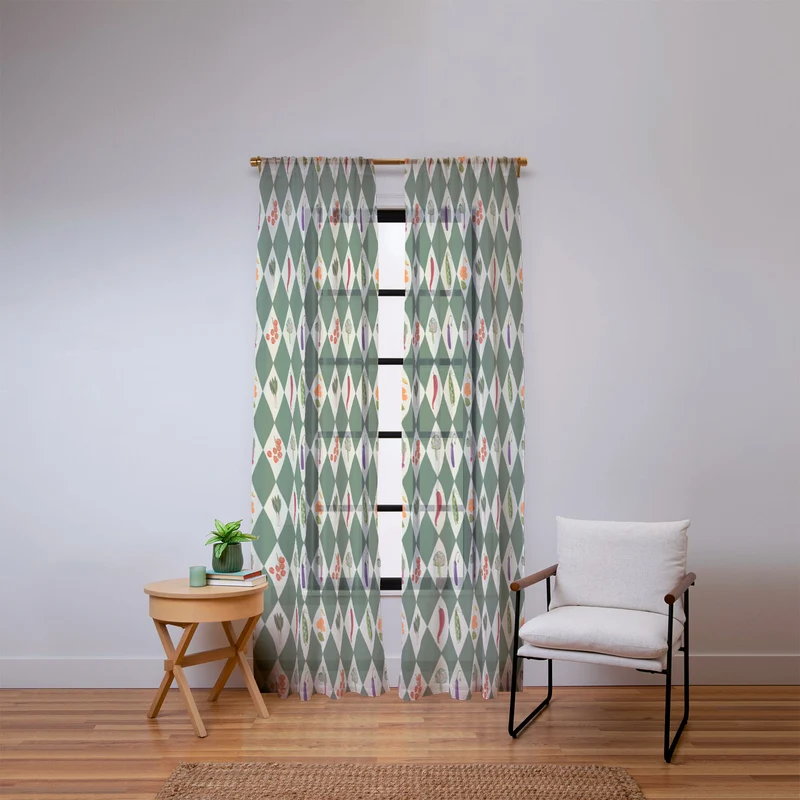Vegetable Garden Dark Green Harlequin Pattern Window Curtain