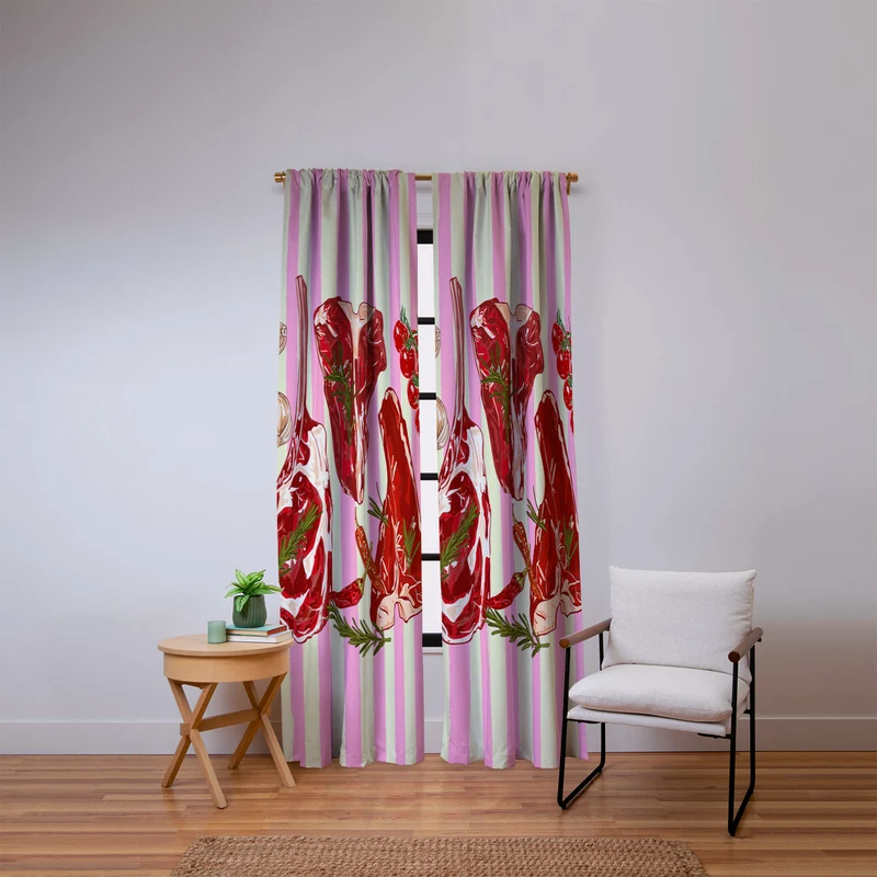 Herb Seasoned Steak Vintage Food Pink Stripe Illustration Window Curtain