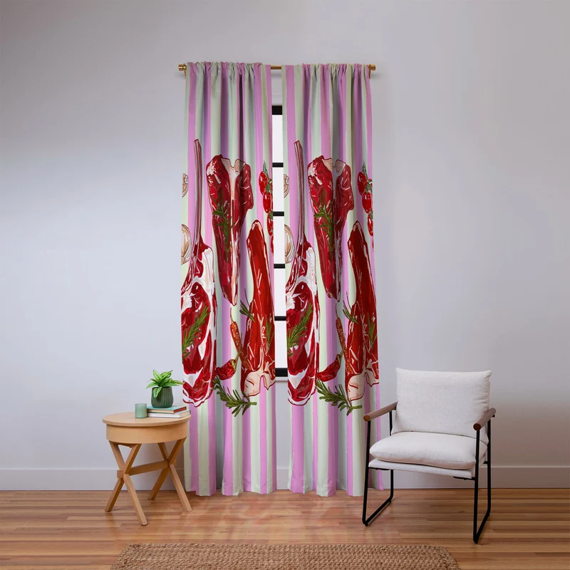 Herb Seasoned Steak Vintage Food Pink Stripe Illustration Window Curtain