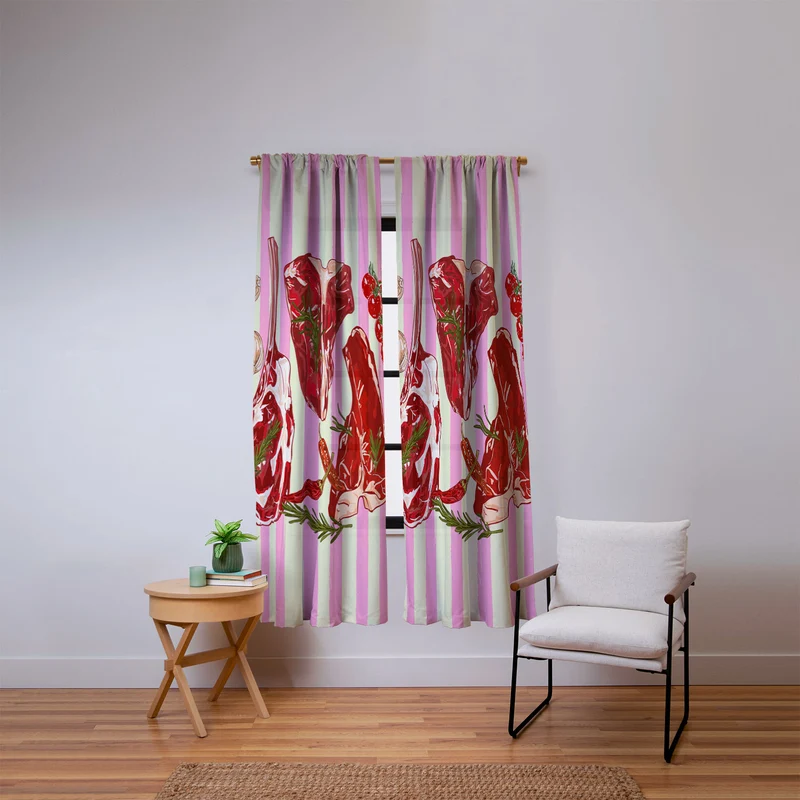Herb Seasoned Steak Vintage Food Pink Stripe Illustration Window Curtain