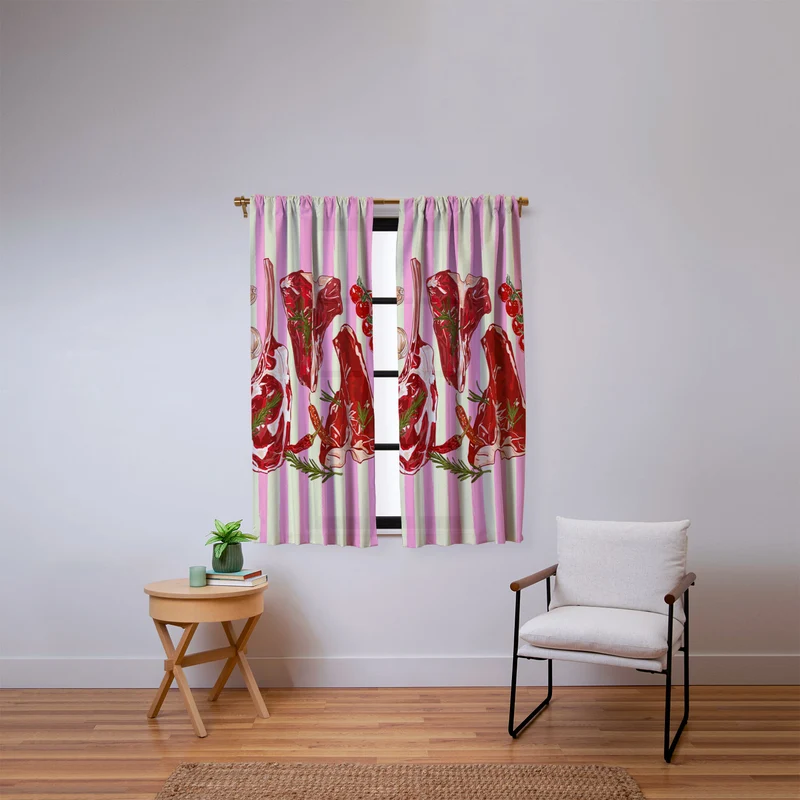 Herb Seasoned Steak Vintage Food Pink Stripe Illustration Window Curtain
