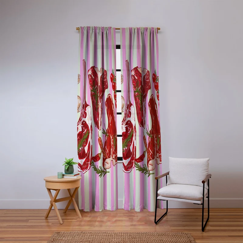 Herb Seasoned Steak Vintage Food Pink Stripe Illustration Window Curtain