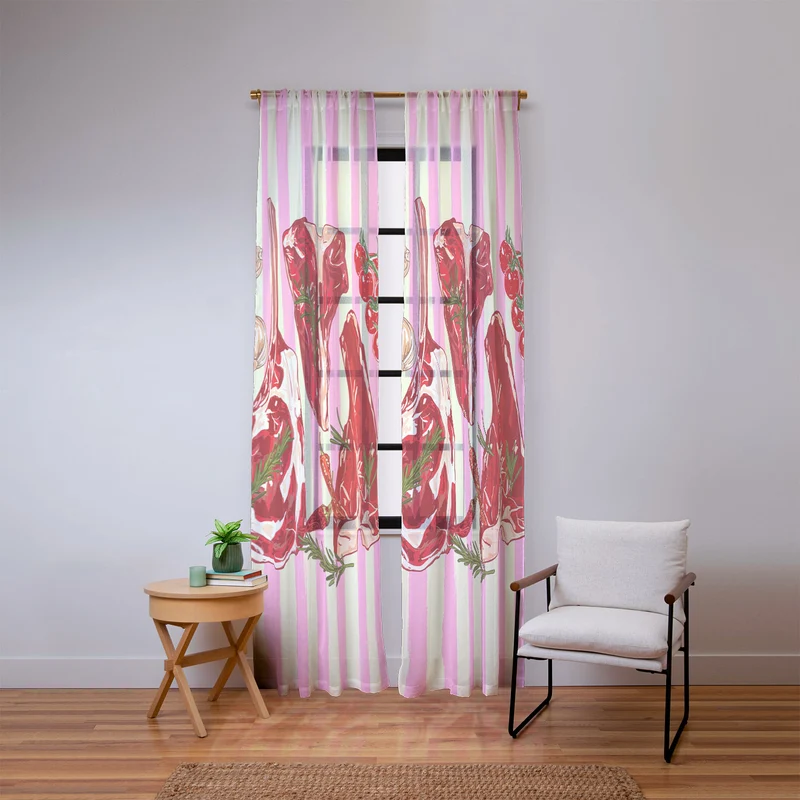 Herb Seasoned Steak Vintage Food Pink Stripe Illustration Window Curtain