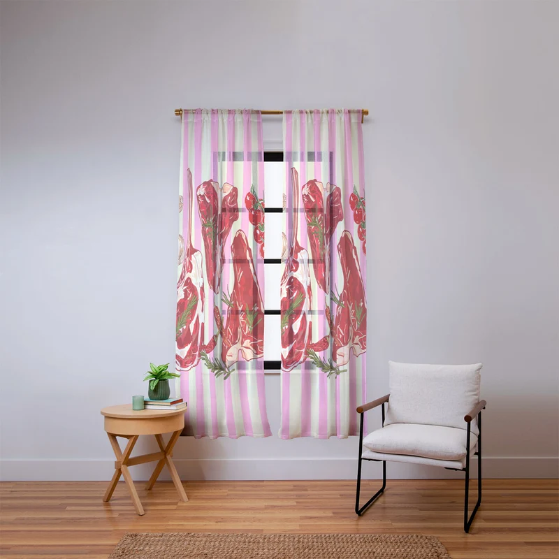 Herb Seasoned Steak Vintage Food Pink Stripe Illustration Window Curtain