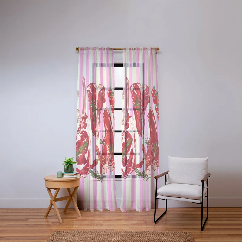 Herb Seasoned Steak Vintage Food Pink Stripe Illustration Window Curtain
