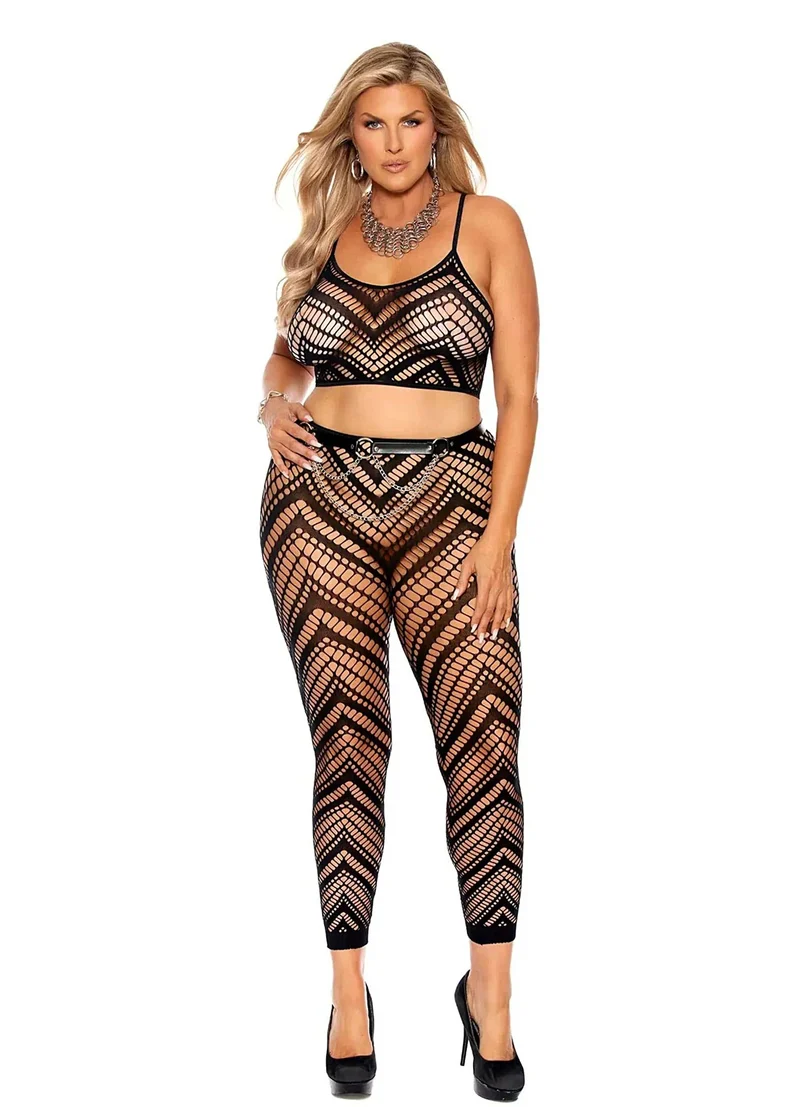 Elegante Moments Zig Zag gehaakte top en leggingset - zwart, grote maten beschikbaar