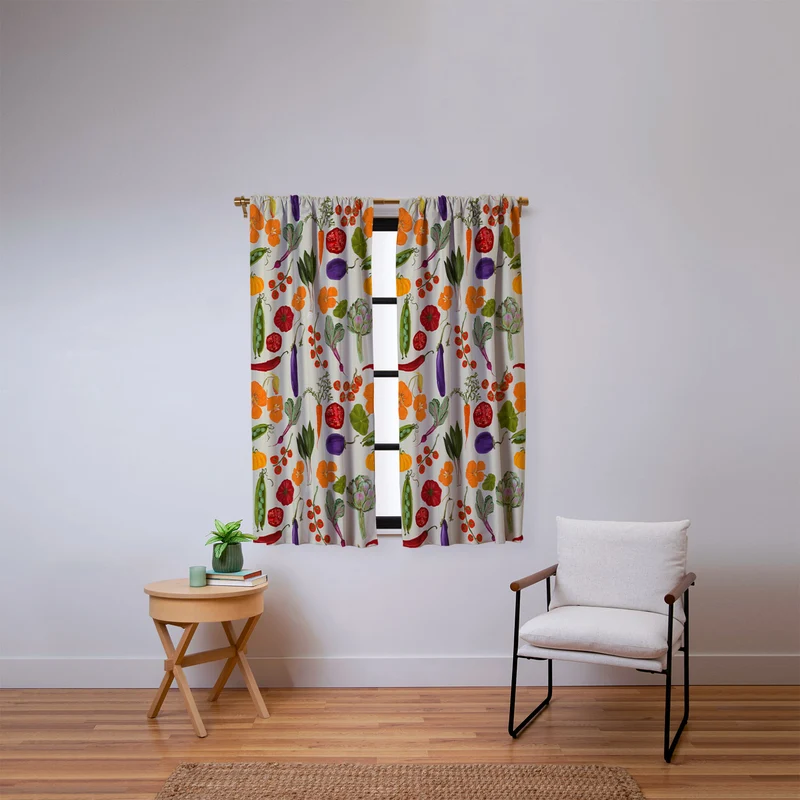 Colorful Garden Vegetables and Nasturtium Flowers Window Curtain