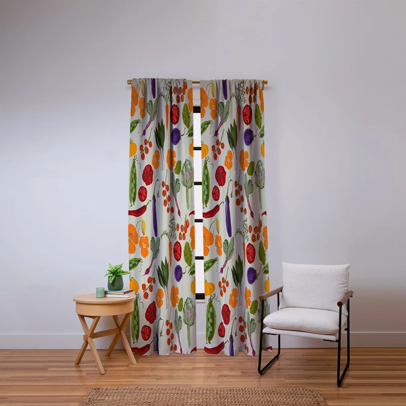 Colorful Garden Vegetables and Nasturtium Flowers Window Curtain