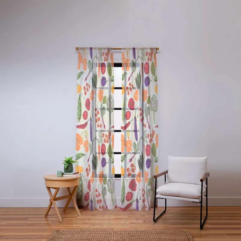 Colorful Garden Vegetables and Nasturtium Flowers Window Curtain