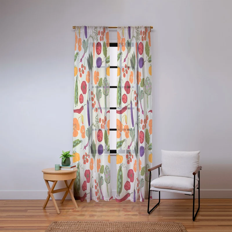Colorful Garden Vegetables and Nasturtium Flowers Window Curtain