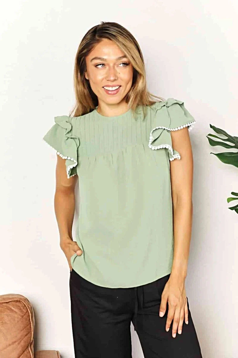 Elegante top met ruchesmouwen, plooien en ronde halslijn - effen casual blouse