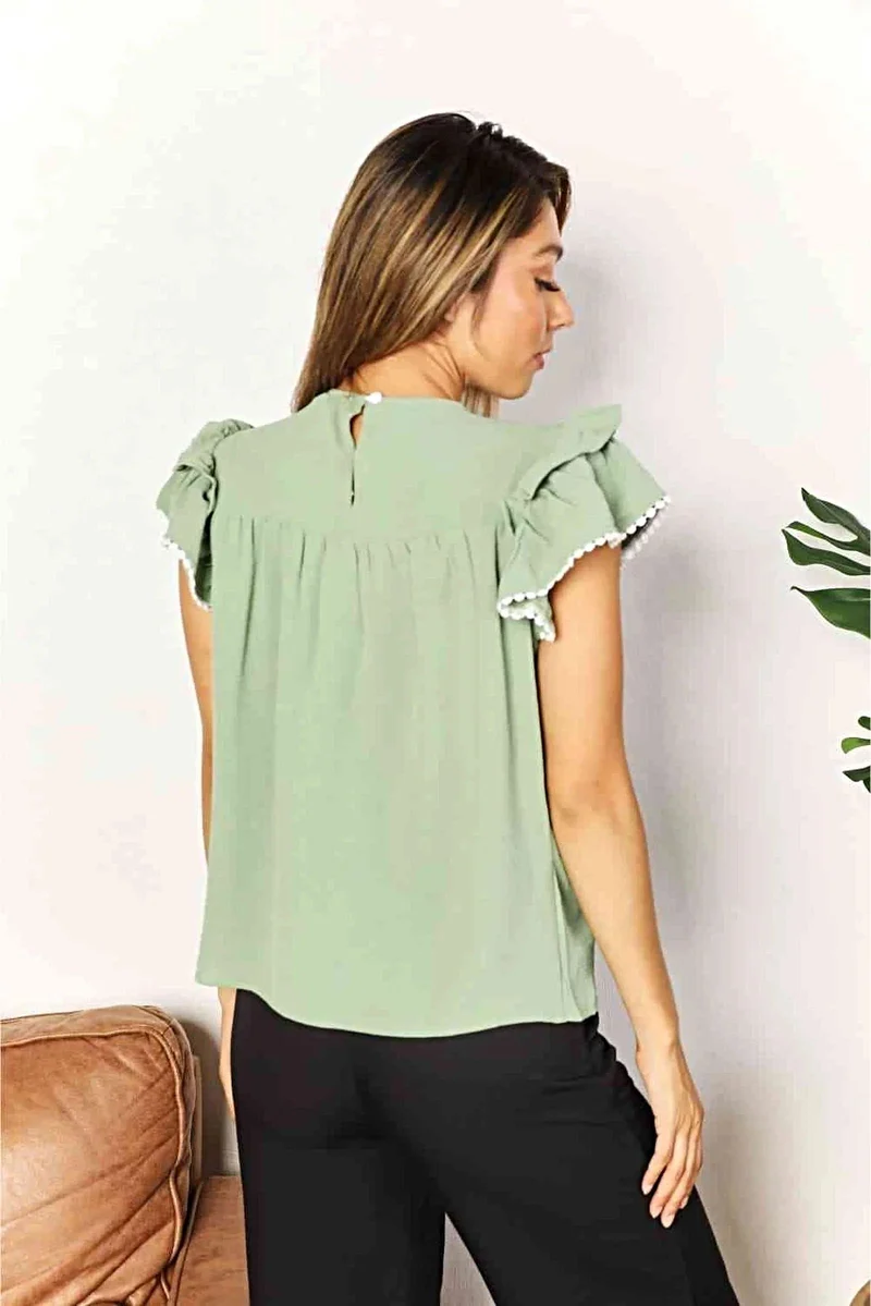 Elegante top met ruchesmouwen, plooien en ronde halslijn - effen casual blouse