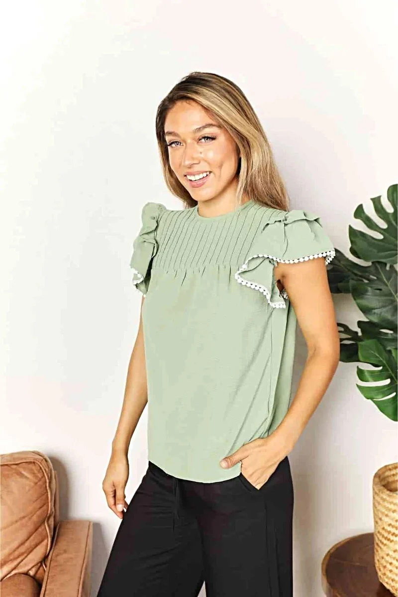 Elegante top met ruchesmouwen, plooien en ronde halslijn - effen casual blouse