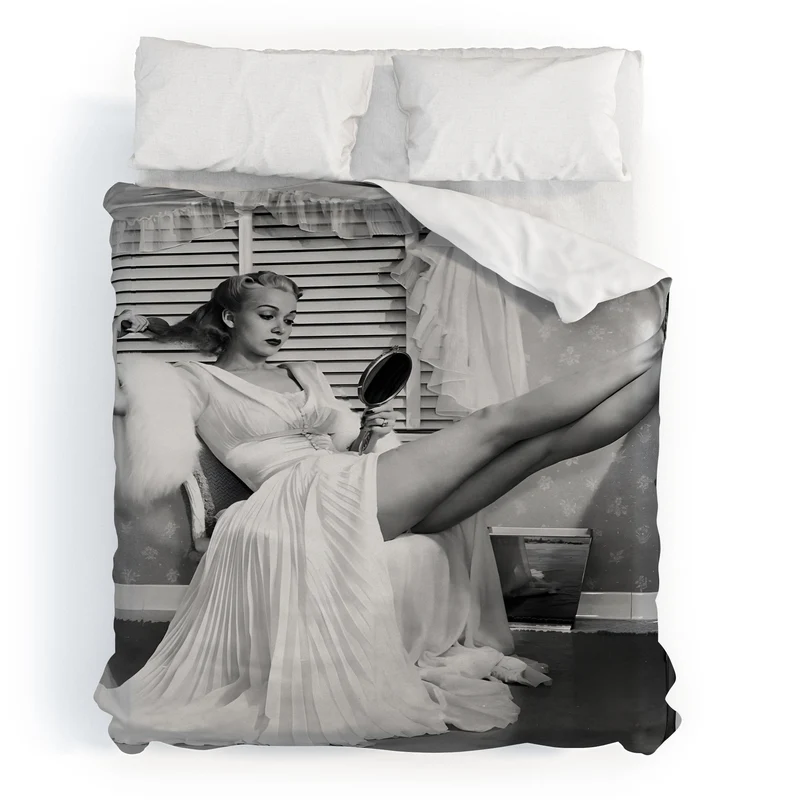 1939 the blonde bombshell movie actress Carole Landis as she brushes in mirror vintage photograph Duvet Cover