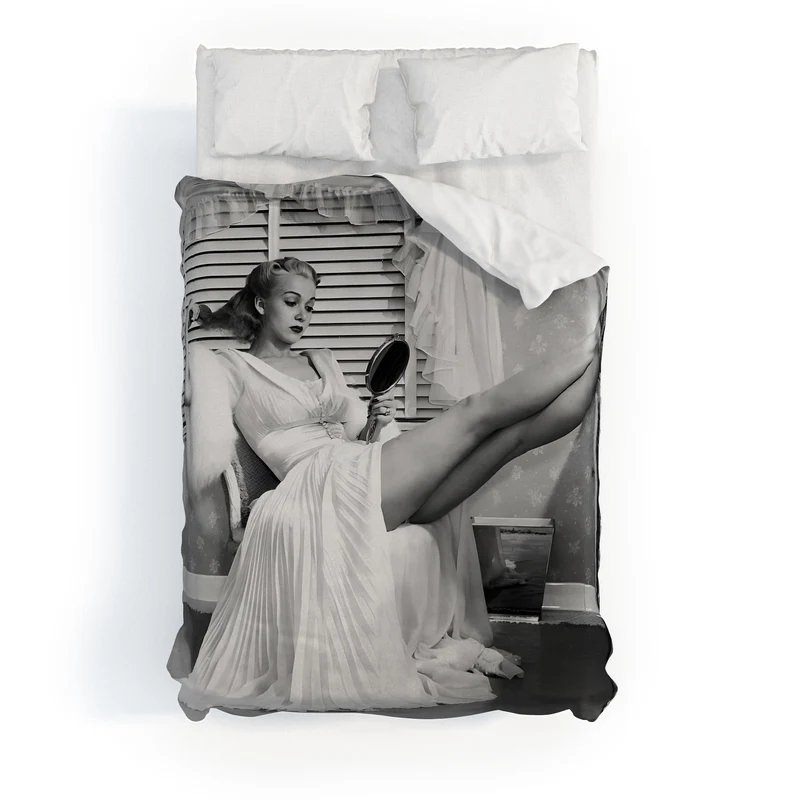 1939 the blonde bombshell movie actress Carole Landis as she brushes in mirror vintage photograph Duvet Cover