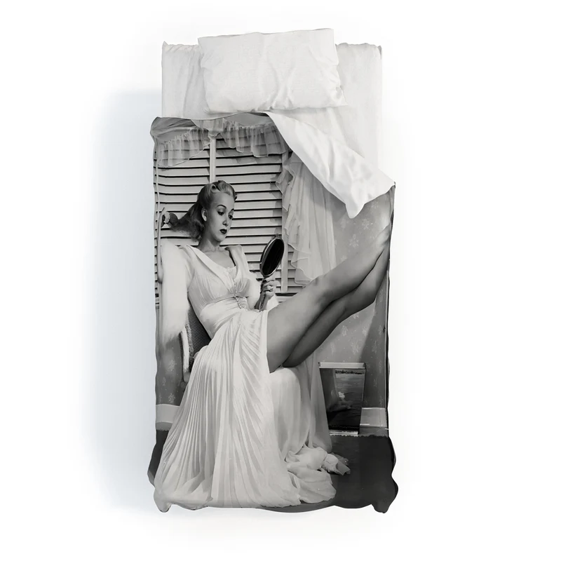 1939 the blonde bombshell movie actress Carole Landis as she brushes in mirror vintage photograph Duvet Cover
