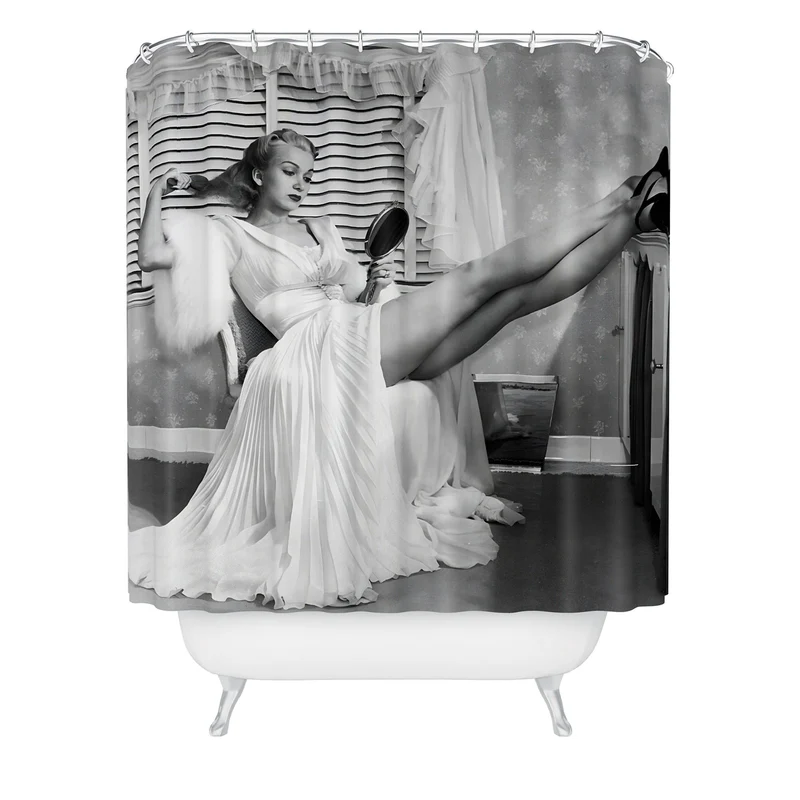 1939 the blonde bombshell movie actress Carole Landis as she brushes in mirror vintage photograph Shower Curtain