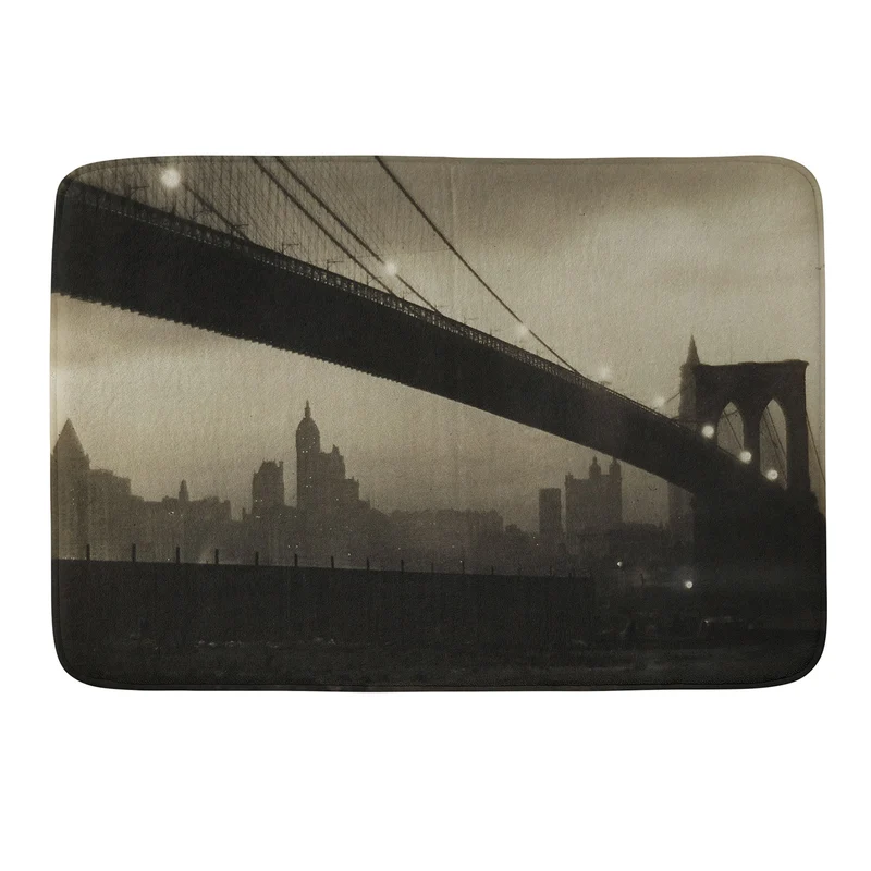 Brooklyn Bridge Nocturne vintage 1912 East River Manhattan city lights sepia toned photograph Bath Mat