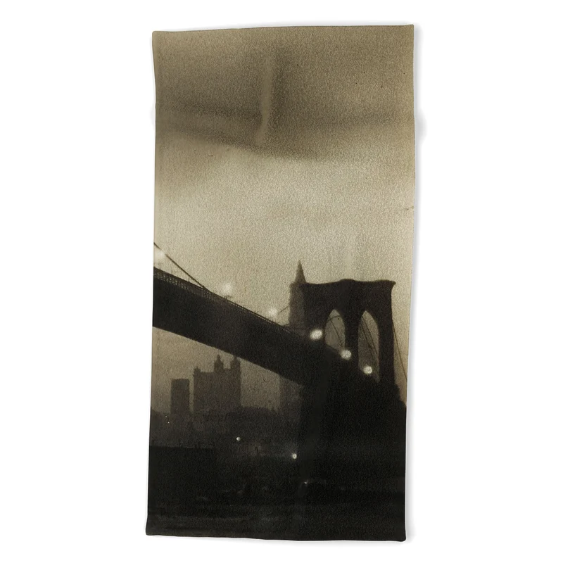 Brooklyn Bridge Nocturne vintage 1912 East River Manhattan city lights sepia toned photograph Bath Towel