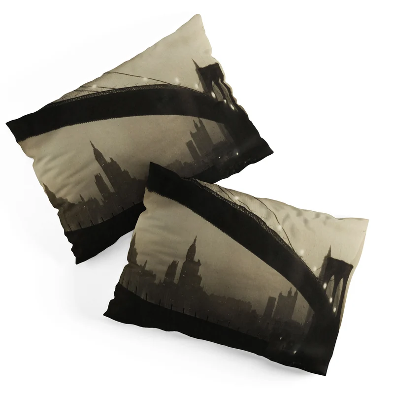 Brooklyn Bridge Nocturne vintage 1912 East River Manhattan city lights sepia toned photograph Pillow Sham