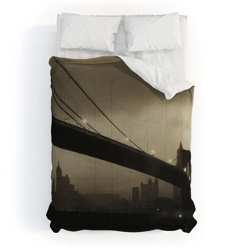 Brooklyn Bridge Nocturne vintage 1912 East River Manhattan city lights sepia toned photograph Comforter