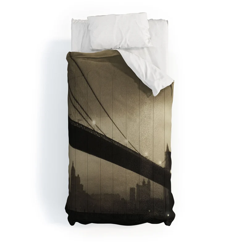 Brooklyn Bridge Nocturne vintage 1912 East River Manhattan city lights sepia toned photograph Comforter