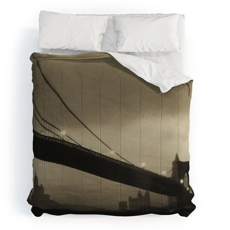 Brooklyn Bridge Nocturne vintage 1912 East River Manhattan city lights sepia toned photograph Comforter
