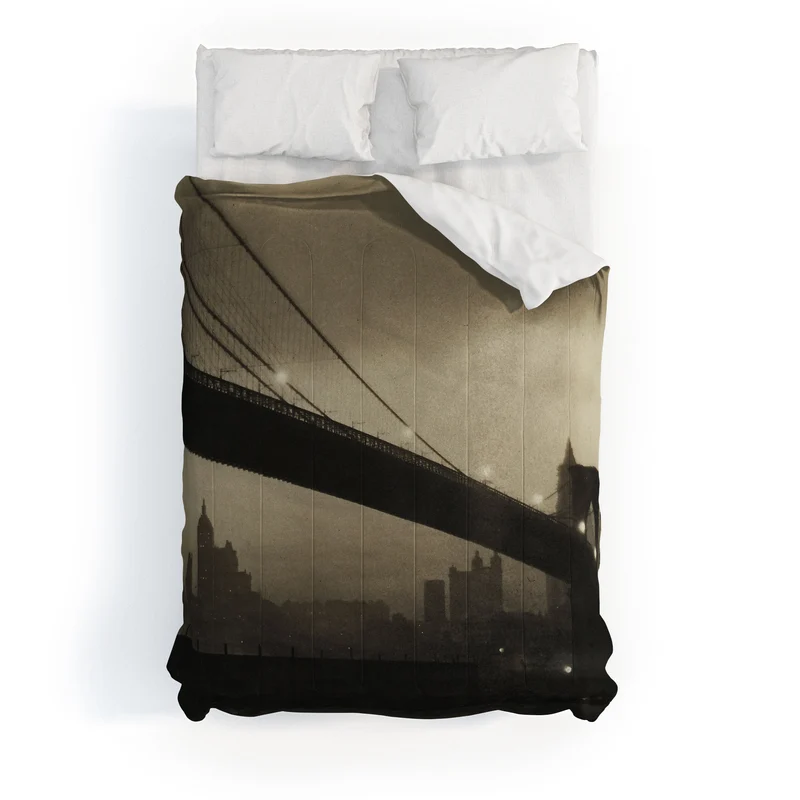 Brooklyn Bridge Nocturne vintage 1912 East River Manhattan city lights sepia toned photograph Comforter