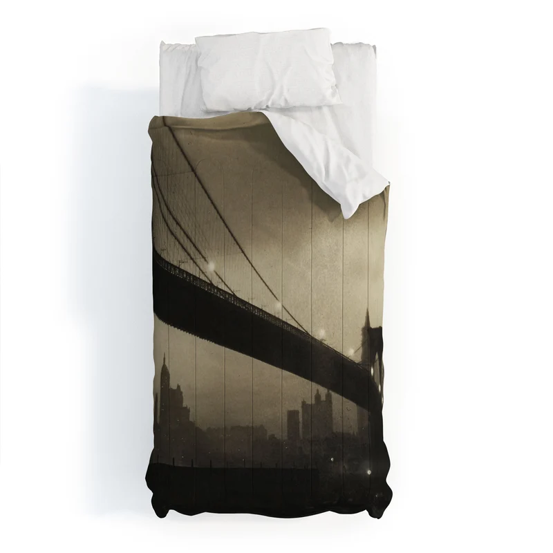 Brooklyn Bridge Nocturne vintage 1912 East River Manhattan city lights sepia toned photograph Comforter