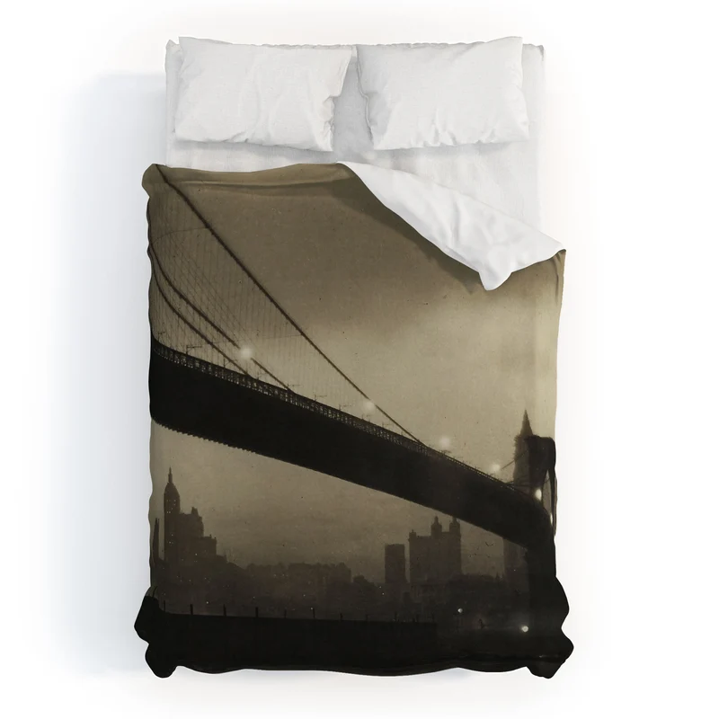 Brooklyn Bridge Nocturne vintage 1912 East River Manhattan city lights sepia toned photograph Duvet Cover