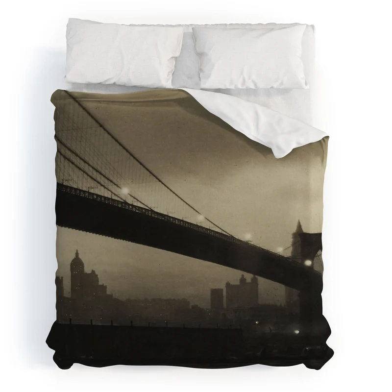 Brooklyn Bridge Nocturne vintage 1912 East River Manhattan city lights sepia toned photograph Duvet Cover