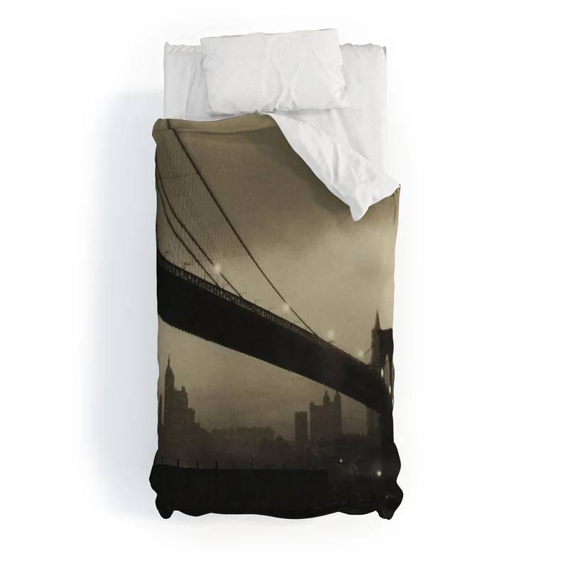 Brooklyn Bridge Nocturne vintage 1912 East River Manhattan city lights sepia toned photograph Duvet Cover