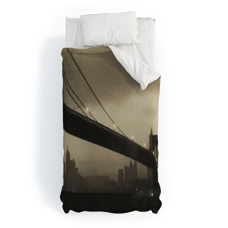 Brooklyn Bridge Nocturne vintage 1912 East River Manhattan city lights sepia toned photograph Duvet Cover