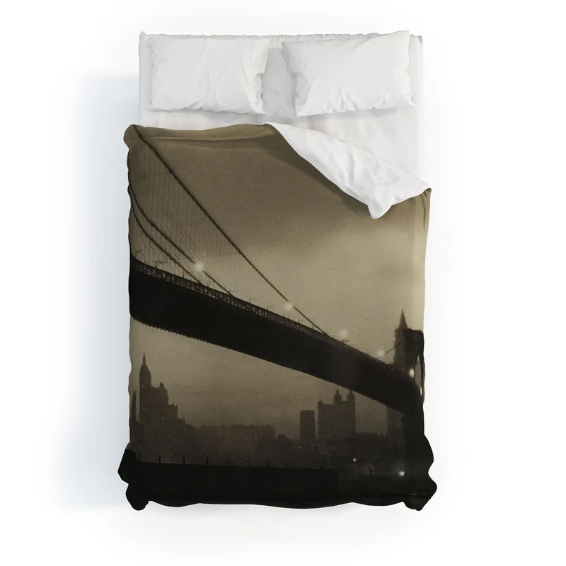 Brooklyn Bridge Nocturne vintage 1912 East River Manhattan city lights sepia toned photograph Duvet Cover