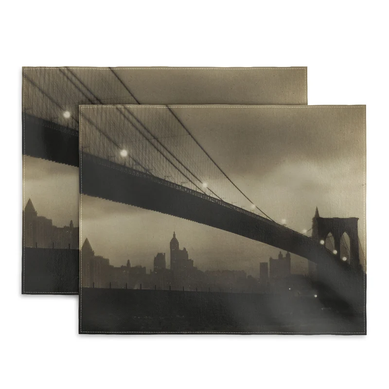 Brooklyn Bridge Nocturne vintage 1912 East River Manhattan city lights sepia toned photograph Placemat