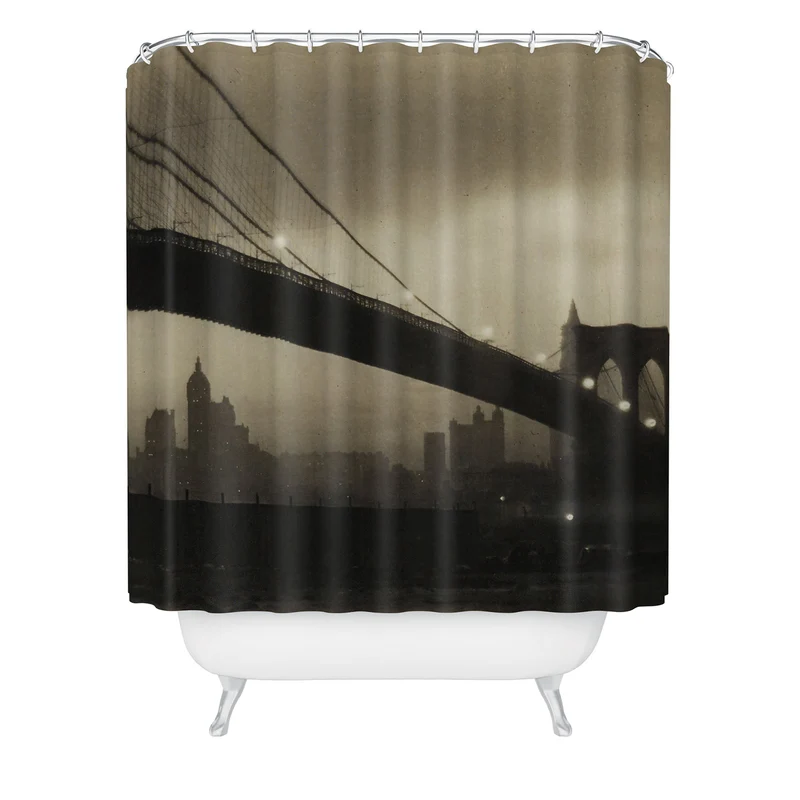 Brooklyn Bridge Nocturne vintage 1912 East River Manhattan city lights sepia toned photograph Shower Curtain