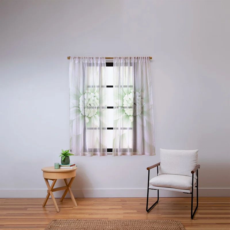 Ethereal dahlia closeup soft sage green botanical art lll Window Curtain