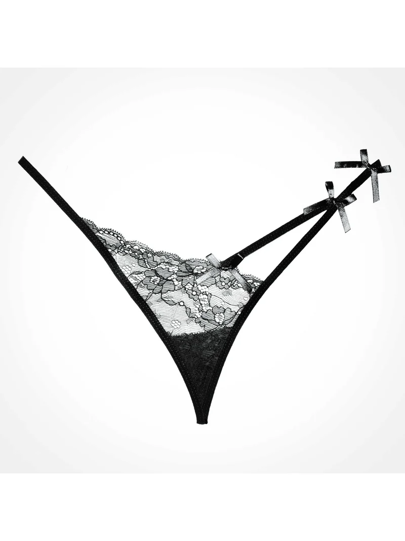 Delicate kanten string - Pixie-stijl met kanten paneel aan de voorkant en een vleugje kant in zwart