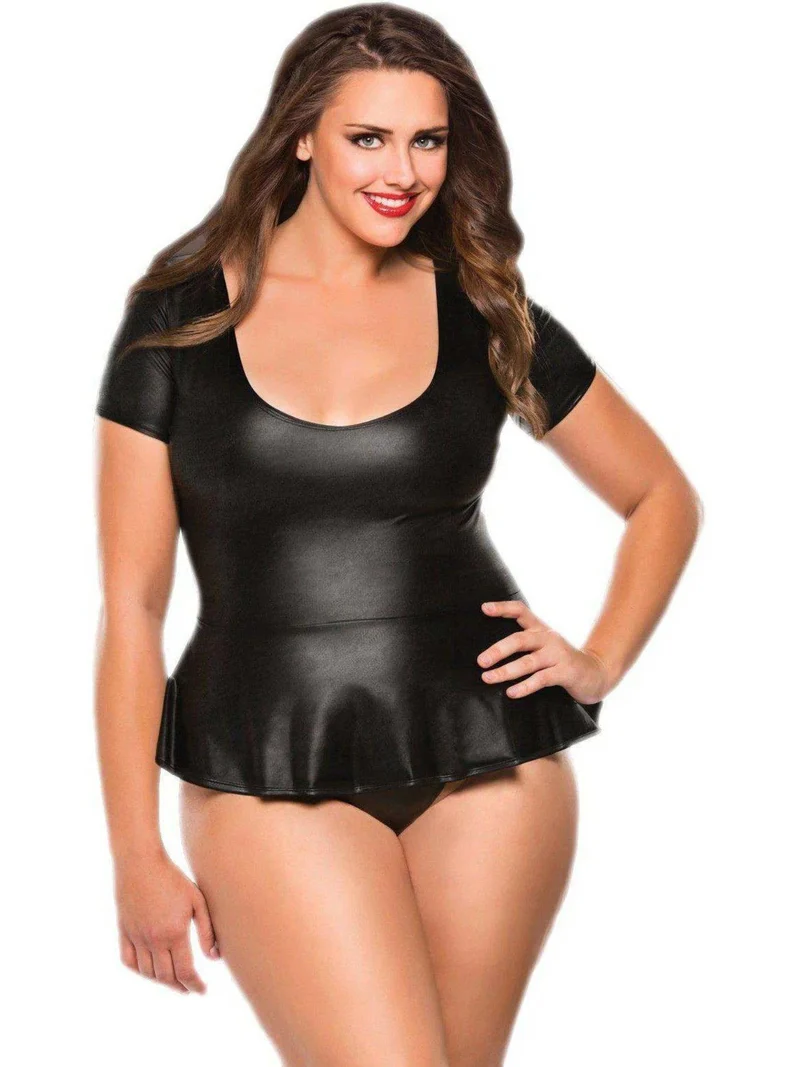 Set van imitatieleren peplum top en string in zwart of rood - Ultrazachte Allure Lingerie