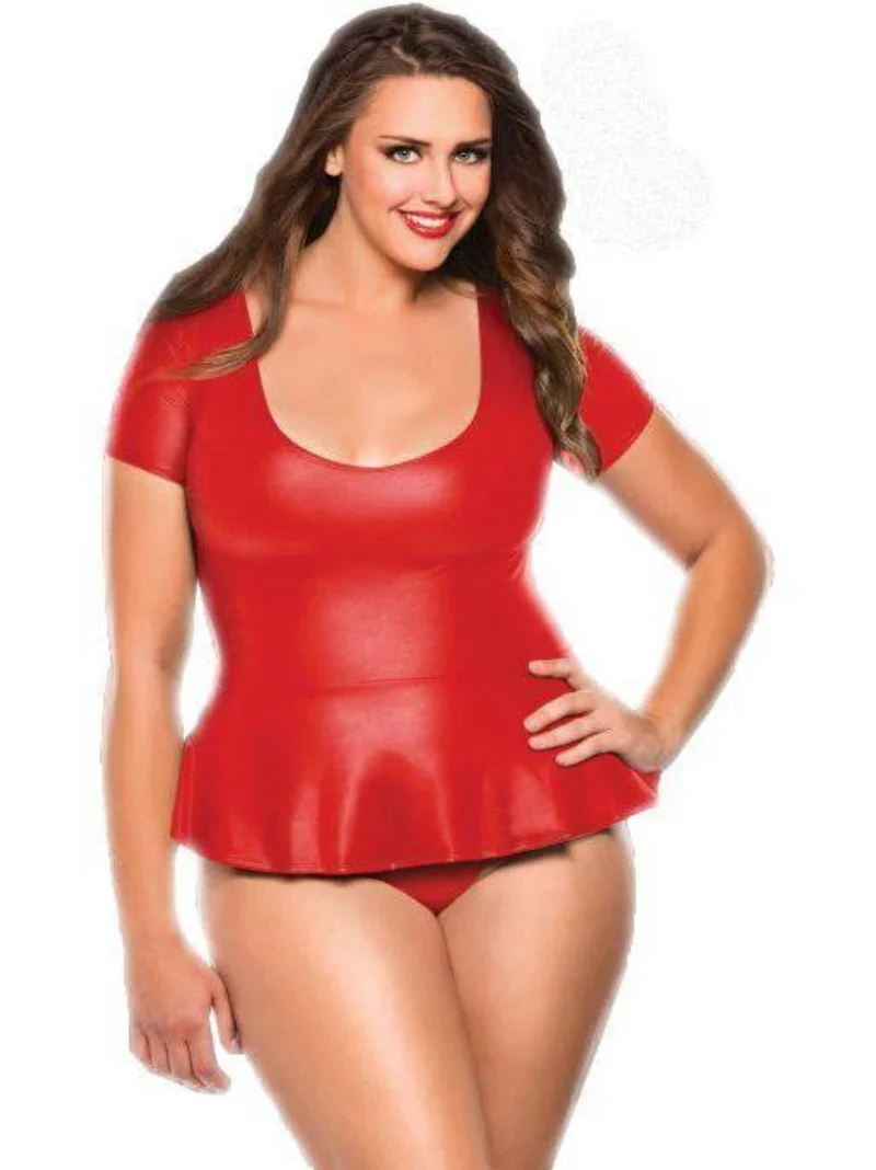 Set van imitatieleren peplum top en string in zwart of rood - Ultrazachte Allure Lingerie