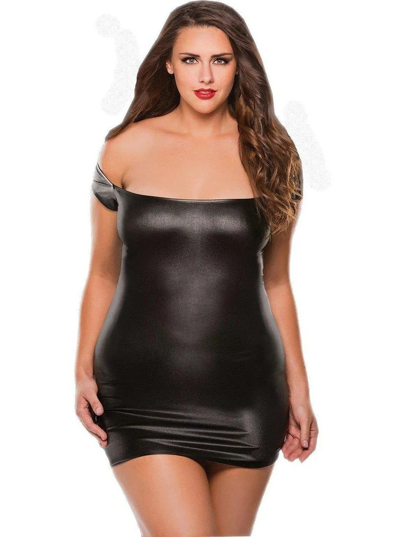 Jurk van imitatieleer - Off-shoulder design van Allure Lingerie in prachtig zwart of rood.