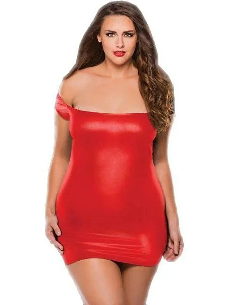 Jurk van imitatieleer - Off-shoulder design van Allure Lingerie in prachtig zwart of rood.
